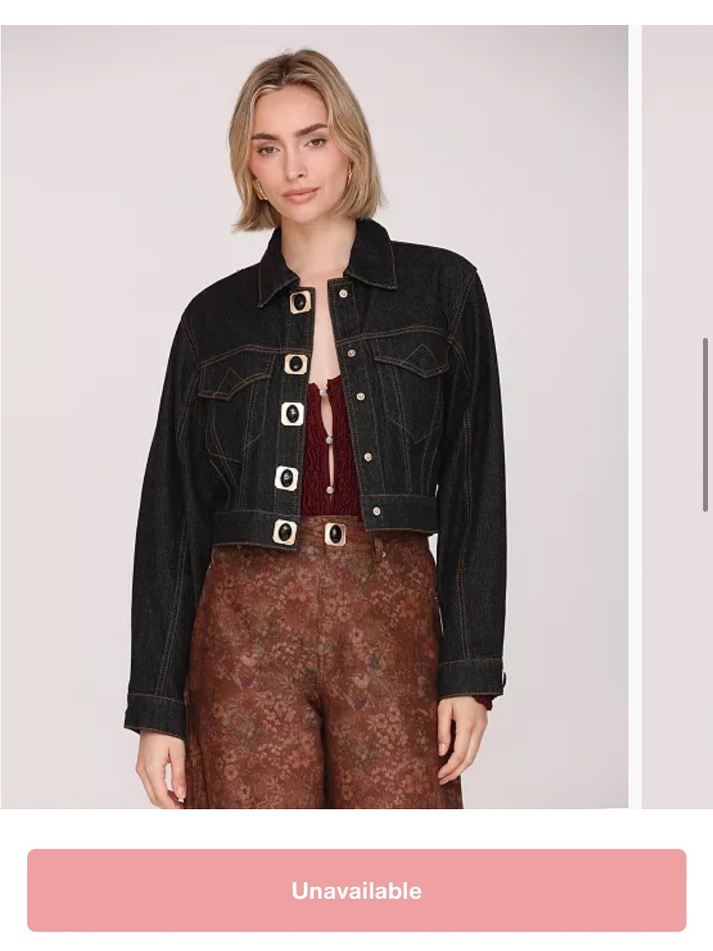 Avec Les Filles Cropped Black Denim Jacket with Square Gold-Tone Buttons